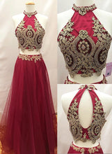 Two Piece Prom Dresses A Line High Neck Sexy Gold Applique Long Burgundy Prom Dress JKL1463|Annapromdress