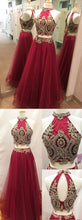 Two Piece Prom Dresses A Line High Neck Sexy Gold Applique Long Burgundy Prom Dress JKL1463|Annapromdress