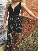 Black Prom Dresses with Straps Aline Long V-neck Beautiful Lace Prom Dress JKL1465|Annapromdress