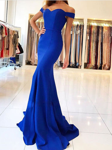 Mermaid Prom Dresses Off-the-shoulder Open Back Royal Blue Long Simple Prom Dress JKL1468|Annapromdress