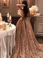 Luxury Prom Dresses Scoop Aline Gold Glitter Lace Long Sparkly Prom Dress JKL1469|Annapromdress