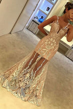 Trumpet Prom Dresses with Straps V-neck Floor-length Appliques Sexy Prom Dress JKL1478|Annapromdress