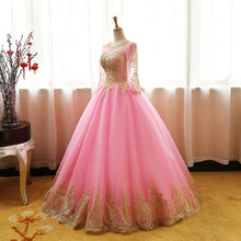 Long Sleeve Prom Dresses Gold Appliques Long Lace-up Pink Ball Gown Prom Dress JKL1480|Annapromdress