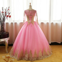 Long Sleeve Prom Dresses Gold Appliques Long Lace-up Pink Ball Gown Prom Dress JKL1480|Annapromdress