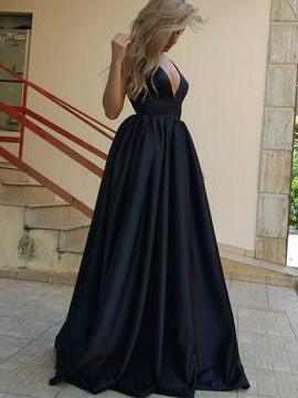 Black Prom Dresses with Straps V-neck Aline Long Open Back Prom Dress Sexy Evening Dress JKL1481|Annapromdress