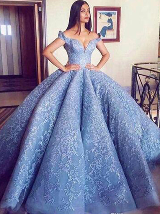 Ball Gown Prom Dresses Off-the-shoulder Fashion Sky Blue Big Prom Dres – Anna PromDress