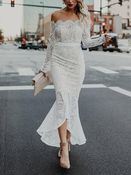 Long Sleeve Prom Dresses Mermaid Ankle-length Lace High Low Prom Dress JKL1485|Annapromdress