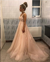 Open Back Prom Dresses Aline Sweep Train Appliques Long V-neck Prom Dress JKL1487|Annapromdress