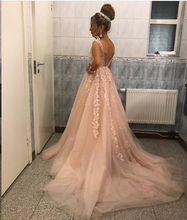 Open Back Prom Dresses Aline Sweep Train Appliques Long V-neck Prom Dress JKL1487|Annapromdress