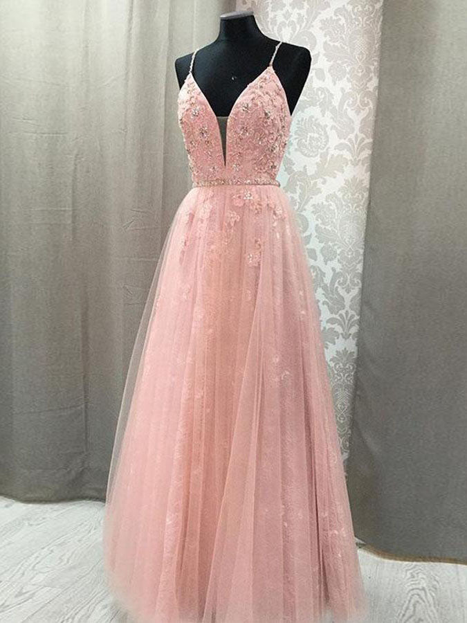 A-Line Strapless Corset Lace-Up Floral Lace Pink Floor Length Prom Dress