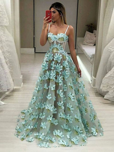 Chic Prom Dresses with Spaghetti Straps Aline Floor-length Floral Lace Long Prom Dress JKL1489|Annapromdress