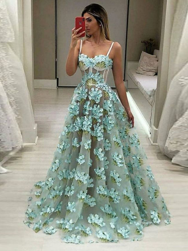 Ball Gown Rare Prom Dresses Chic Prom Dresses With Spaghetti Straps Aline Floor-length Floral Ball Gown Rare Prom Dresses Chic Prom Dresses With Spaghetti Straps Aline Floor-length Floral