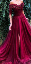 Half Sleeve Prom Dresses Off-the-shoulder Aline Hand-Made Flower Burgundy Long Slit Prom Dress JKL1491|Annapromdress