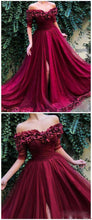 Half Sleeve Prom Dresses Off-the-shoulder Aline Hand-Made Flower Burgundy Long Slit Prom Dress JKL1491|Annapromdress