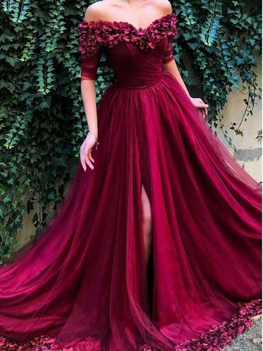 Half Sleeve Prom Dresses Off-the-shoulder Aline Hand-Made Flower Burgundy Long Slit Prom Dress JKL1491|Annapromdress