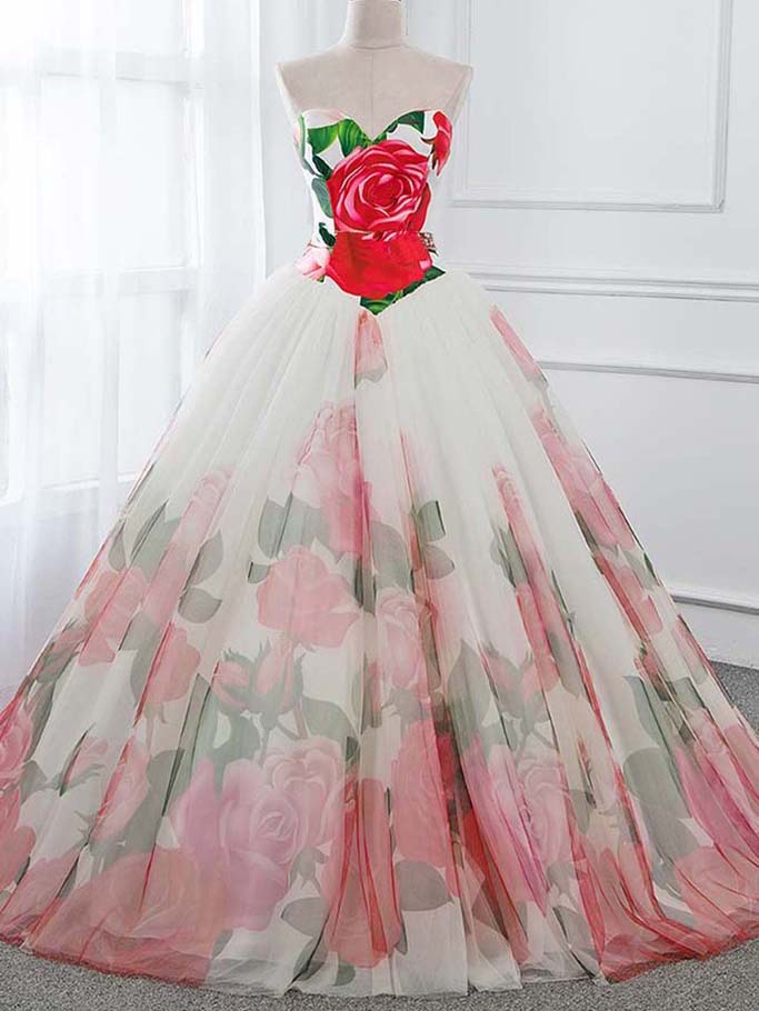 Ball Gown Prom Dresses Sweetheart Rose Floral Print Prom Dress Sexy Ev –  Anna PromDress
