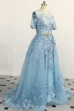 Half Sleeve Prom Dresses Aline Short Train Appliques Sky Blue Long Prom Dress JKL1493|Annapromdress