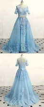 Half Sleeve Prom Dresses Aline Short Train Appliques Sky Blue Long Prom Dress JKL1493|Annapromdress