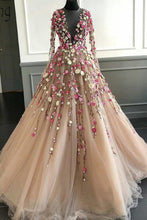 Long Sleeve Prom Dresses A Line Hand-Made Flower Floor-Length Long Beautiful Prom Dress JKL1494|Annapromdress