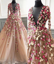 Long Sleeve Prom Dresses A Line Hand-Made Flower Floor-Length Long Beautiful Prom Dress JKL1494|Annapromdress