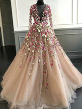 Long Sleeve Prom Dresses A Line Hand-Made Flower Floor-Length Long Beautiful Prom Dress JKL1494|Annapromdress