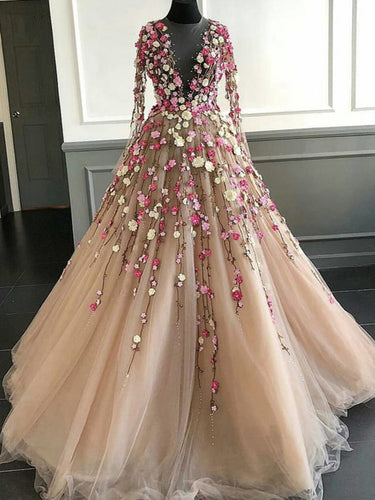 Long Sleeve Prom Dresses A Line Hand-Made Flower Floor-Length Long Beautiful Prom Dress JKL1494|Annapromdress