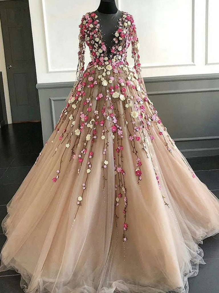 Long Sleeve Embroidered Prom Dress Long Sleeve Prom Dresses A Line