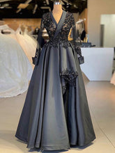 Long Sleeve Prom Dresses V-neck Fashion Black Prom Dress Lace Evening Dress JKL1495|Annapromdress