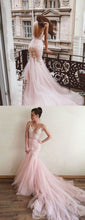 Open Back Prom Dresses V-neck Mermaid Sweep Train Appliques Pink Long Prom Dress JKL1499|Annapromdress