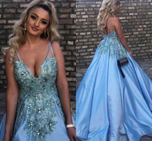Open Back Prom Dresses with Spaghetti Straps V-neck Long Beautiful Blue Prom Dress JKL1500|Annapromdress
