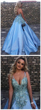 Open Back Prom Dresses with Spaghetti Straps V-neck Long Beautiful Blue Prom Dress JKL1500|Annapromdress