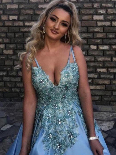 Open Back Prom Dresses with Spaghetti Straps V-neck Long Beautiful Blue Prom Dress JKL1500|Annapromdress