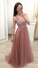 Sparkly Prom Dresses with Straps V-neck A Line Tulle Dusty Rose Sexy Prom Dress JKL1503|Annapromdress