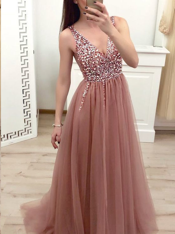 Sparkly Prom Dresses with Straps V-neck A Line Tulle Dusty Rose Sexy P   Anna PromDress