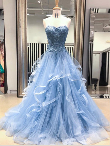 Chic Prom Dresses Sweetheart Sky Blue Ruffles Aline Lace Prom Dress Sexy Evening Dress JKL1504|Annapromdress