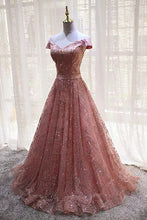 Chic Prom Dresses V-neck A-line Long Lace Floor-length Sparkly Pink Prom Dress JKL1510|Annapromdress