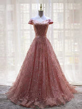 Chic Prom Dresses V-neck A-line Long Lace Floor-length Sparkly Pink Prom Dress JKL1510|Annapromdress