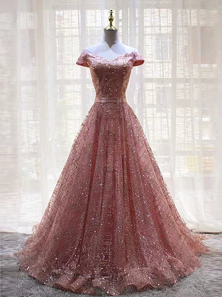 Chic Prom Dresses V-neck A-line Long Lace Floor-length Sparkly Pink Prom Dress JKL1510|Annapromdress