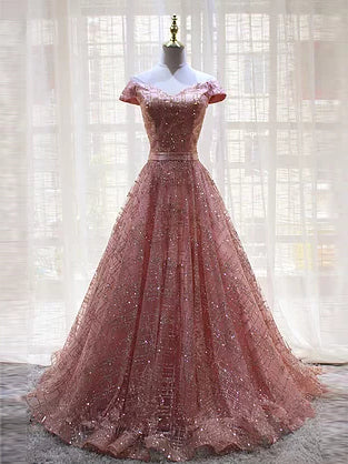 sparkly pink prom dresses Chic Prom Dresses V-neck A-line Long Lace Floor-length Sparkly Pink Pr –  Anna PromDress