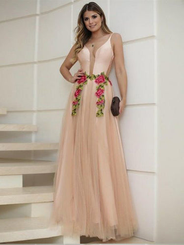 Chic Prom Dresses with Straps Aline Embroidery Long Prom Dress Sexy Evening Dress JKL1511|Annapromdress