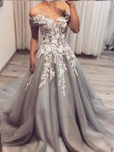 Grey Prom Dresses Off-the-shoulder Aline Appliques Fashion Prom Dress Chic Evening Dress JKL1514|Annapromdress
