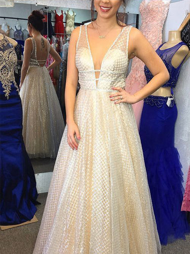 Sparkly Prom Dresses with Straps A Line V-neck Long Lace Open Back Prom Dress JKL1515|Annapromdress