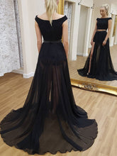 Two Piece Prom Dresses with Slit Bateau Sparkly Beading A Line Sexy Black Prom Dress JKL1516|Annapromdress