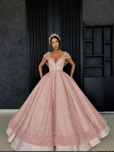 Ball Gown Prom Dresses V-neck Beading Long Pink Prom Dress Luxury Evening Dress JKL1518|Annapromdress