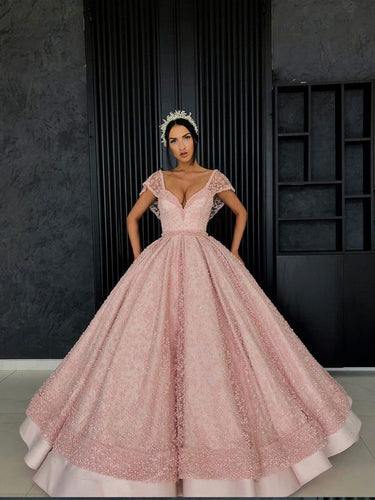 Ball Gown Prom Dresses V-neck Beading Long Pink Prom Dress Luxury Evening Dress JKL1518|Annapromdress