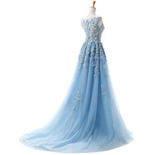 Beautiful Prom Dresses Scoop A Line 3D Flowers Sweep Train Blue Long Prom Dress JKL1520|Annapromdress
