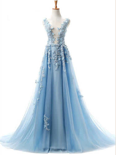 Beautiful Prom Dresses Scoop A Line 3D Flowers Sweep Train Blue Long Prom Dress JKL1520|Annapromdress