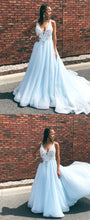 Open Back Prom Dresses with Straps A Line V-neck Long Embroidery Sky Blue Prom Dress JKL1522|Annapromdress