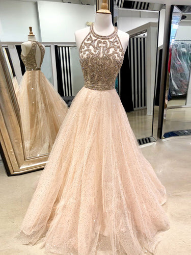 Sparkly Prom Dresses Scoop A-line Floor-length Gold Open Back Prom Dress JKL1524|Annapromdress