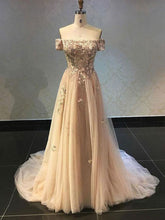Sparkly Prom Dresses Off-the-shoulder Beading Long Aline Tulle Lace Prom Dress JKL1526|Annapromdress